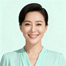AI-generated portrait of a middle-aged woman with neatly styled hair, wearing a mint colored blouse, posed with a relaxed smile against a pale studio background in even lighting.