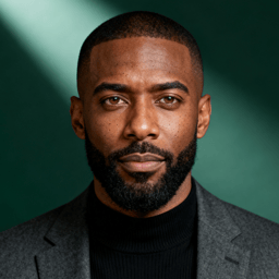 AI-generated portrait of a young man with closely cropped hair and a trimmed beard, wearing a blazer over a dark top, posed with a focused expression against a deep green background in studio lighting.