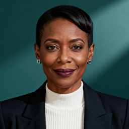 AI-generated portrait of a middle-aged woman with short styled hair and defined features, wearing a blazer over a high-neck top, posed with a confident expression against a teal studio background in controlled lighting.