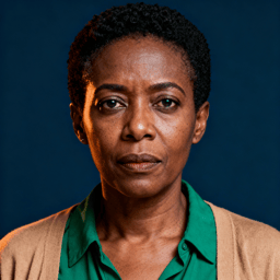 AI-generated portrait of a middle-aged woman with very short hair and defined features, wearing a collared shirt and cardigan, posed with a serious expression against a muted blue background in soft lighting.