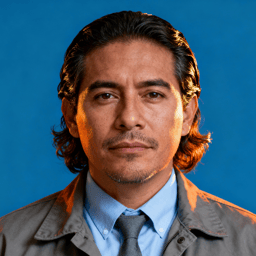 AI-generated portrait of a middle-aged man with medium-length hair and light facial hair, wearing a collared shirt, tie, and jacket, posed with a steady expression against a muted blue background in soft lighting.