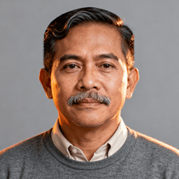 AI-generated portrait of a middle-aged man with short neatly styled hair and a trimmed mustache, wearing a crewneck sweater over a collared shirt, posed with a composed expression against a light gray background in soft lighting.