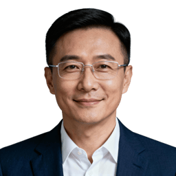 AI-generated portrait of a middle-aged man with short neatly styled hair and glasses, wearing a blazer and collared shirt, posed with a slight smile against a transparent background in soft lighting.