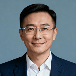 AI-generated portrait of a middle-aged man with short neatly styled hair and glasses, wearing a blazer and collared shirt, posed with a slight smile against a transparent background in soft lighting.