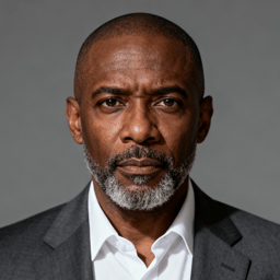 AI-generated portrait of a middle-aged man with closely cropped hair and a short beard, wearing a blazer and collared shirt, posed with a neutral expression against a transparent background in soft lighting.