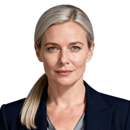 AI-generated portrait of a middle-aged woman with blonde hair pulled back, wearing a blazer and blouse, posed with a composed expression against a transparent background in soft lighting.