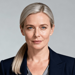 AI-generated portrait of a middle-aged woman with blonde hair pulled back, wearing a blazer and blouse, posed with a composed expression against a transparent background in soft lighting.