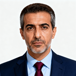 AI-generated portrait of a middle-aged man with short dark hair and trimmed facial hair, wearing a blazer and tie, posed with a serious expression against a transparent background in soft lighting.
