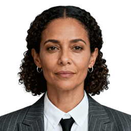 AI-generated portrait of a middle-aged woman with shoulder-length curly hair, wearing a blazer and collared shirt, posed with a neutral expression against a transparent background in soft lighting.