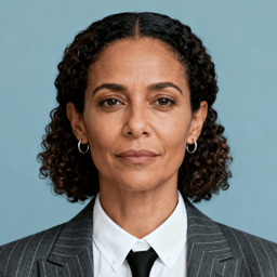 AI-generated portrait of a middle-aged woman with shoulder-length curly hair, wearing a blazer and collared shirt, posed with a neutral expression against a transparent background in soft lighting.