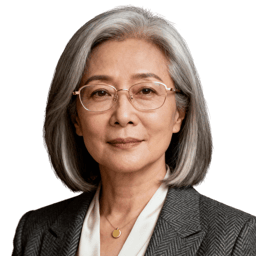 AI-generated portrait of a middle-aged woman with straight gray hair and glasses, wearing a blazer and blouse, posed with a composed expression against a transparent background in soft lighting.