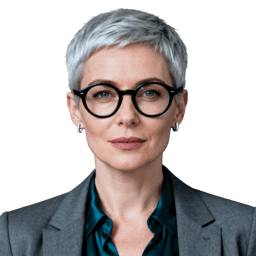 AI-generated portrait of a middle-aged woman with short silver hair and round glasses, wearing a blazer and blouse, posed with a calm expression against a transparent background in soft lighting.