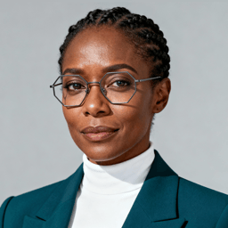 AI-generated portrait of a middle-aged woman with braided hair and glasses, wearing a blazer and high-neck top, posed with a neutral expression against a light gray background in soft lighting.