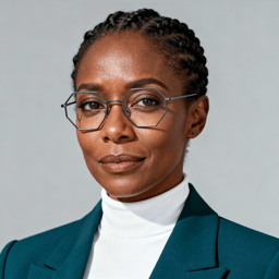 AI-generated portrait of a middle-aged woman with braided hair and glasses, wearing a blazer and high-neck top, posed with a neutral expression against a light gray background in soft lighting.
