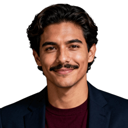AI-generated portrait of a young man with wavy dark hair and a mustache, wearing a blazer and casual shirt, posed with a slight smile against a transparent background in soft lighting.