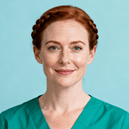 AI-generated portrait of a young woman with braided red hair and freckles, wearing a teal medical-style top, posed with a gentle expression against a soft blue background in clean lighting.