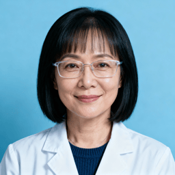 AI-generated portrait of a middle-aged woman with a short bob haircut and glasses, wearing a white lab coat, posed with a composed expression against a light blue background in soft lighting.