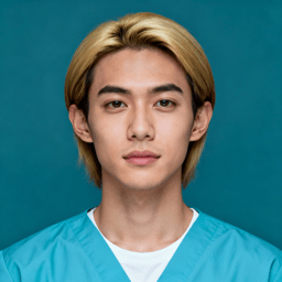 AI-generated portrait of a young man with medium-length blond hair, wearing teal medical scrubs, posed with a neutral expression against a teal background in even lighting.