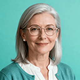 AI-generated portrait of a middle-aged woman with shoulder-length gray hair and round glasses, wearing a light blouse and green cardigan, posed with a gentle smile against a soft teal background in diffused lighting.
