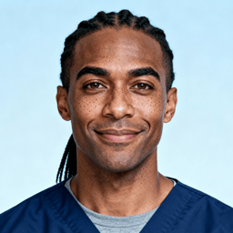 AI-generated portrait of a young man with short braids and freckles, wearing a navy medical-style top, posed with a soft smile against a light blue background in clean lighting.