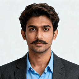AI-generated portrait of a young man with wavy dark hair and a mustache, wearing a blue collared shirt and dark blazer, posed with a neutral expression against a light neutral background in clean lighting.