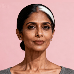 AI-generated portrait of a middle-aged woman with dark hair pulled back and a light streak at the front, wearing a simple top, posed with a calm expression against a soft pink background in balanced studio lighting.