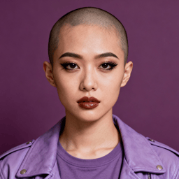 AI-generated portrait of a young woman with a shaved head and defined eye makeup, wearing a casual top and jacket, posed with a neutral expression against a deep purple background in soft studio lighting.