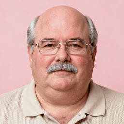 AI-generated portrait of a middle-aged man with glasses and a mustache, wearing a collared knit shirt, posed with a neutral expression against a soft pink background in diffused studio lighting.