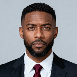 AI-generated portrait of a middle-aged man with short cropped hair and a trimmed beard, wearing a dark suit jacket, white shirt, and tie, posed with a serious expression against a light gray background in controlled studio lighting.