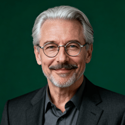 AI-generated portrait of an older man with swept-back gray hair and glasses, wearing a dark blazer and shirt, posed with a calm expression against a deep green background in controlled studio lighting.