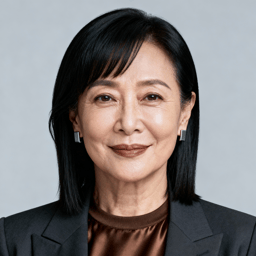 AI-generated portrait of a middle-aged woman with straight shoulder-length hair, wearing a blazer and blouse, posed with a neutral expression against a light gray background in controlled studio lighting.
