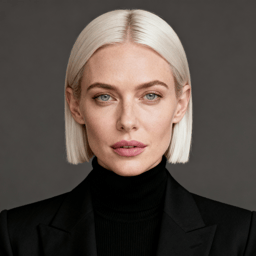 AI-generated portrait of a young woman with straight chin-length hair, wearing a dark blazer over a high-neck top, posed with a neutral expression against a soft gray background in controlled studio lighting.