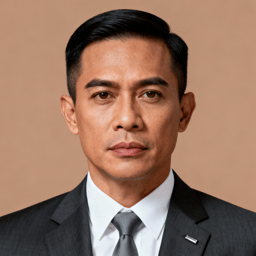 AI-generated portrait of a middle-aged man with neatly combed short hair, wearing a tailored dark suit, white shirt, and tie, posed with a serious expression against a warm stone background in controlled studio lighting.