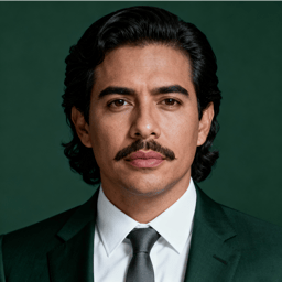 AI-generated portrait of a middle-aged man with swept-back hair and a mustache, wearing a dark suit jacket, white shirt, and tie, posed with a neutral expression against a deep green background in controlled studio lighting.