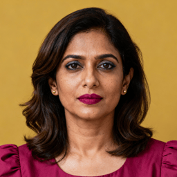 AI-generated portrait of a middle-aged woman with shoulder-length hair and defined eyes, wearing a structured top, posed with a confident expression against a golden yellow background in balanced lighting.