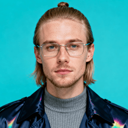 AI-generated portrait of a young man with long hair tied back and light facial hair, wearing glasses and a layered jacket over a turtleneck, posed with a neutral expression against a teal background in balanced lighting.