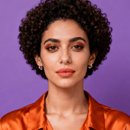 AI-generated portrait of a young woman with short curly hair and defined brows, wearing statement earrings and a satin blouse, posed with a confident expression against a purple background in high-key lighting.