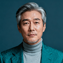 AI-generated portrait of a middle-aged man with neatly styled salt-and-pepper hair and light facial hair, wearing a textured blazer and turtleneck, posed with a calm expression against a deep teal background in balanced lighting.