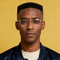 AI-generated portrait of a young man with a flat-top haircut and round glasses, wearing a bomber jacket over a knit top, posed with a calm expression against a yellow background in balanced lighting.