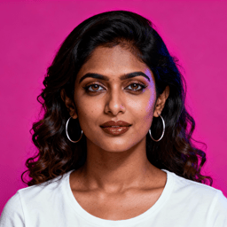 AI-generated portrait of a young woman with long wavy hair and defined brows, wearing a white top and hoop earrings, posed with a neutral expression against a magenta background in soft mixed lighting.