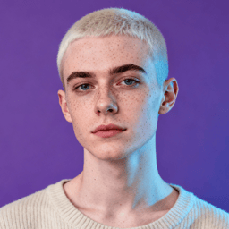 AI-generated portrait of a young person with a very short haircut and light freckles, wearing a knit sweater, posed with a neutral expression against a violet background in cool mixed lighting.