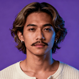 AI-generated portrait of a young man with medium-length wavy hair and a mustache, wearing a textured sweater, posed with a calm expression against a purple background in mixed lighting.