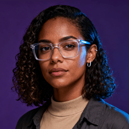 AI-generated portrait of a young woman with shoulder-length curly hair and glasses, wearing a layered top and jacket, posed with a neutral expression against a deep purple background in mixed lighting.