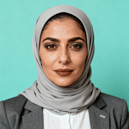 AI-generated portrait of a young woman wearing a headscarf and blazer, posed with a neutral expression against a teal background in soft diffused lighting.