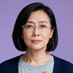 AI-generated portrait of a middle-aged woman with a short bob haircut and glasses, wearing a casual top and cardigan, posed with a neutral expression against a soft purple background in diffused light.