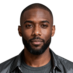 AI-generated portrait of a young man with closely cropped hair and a full beard, wearing a casual jacket over a t-shirt, posed with a neutral expression against a transparent background in soft studio lighting.