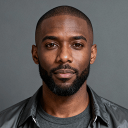 AI-generated portrait of a young man with closely cropped hair and a full beard, wearing a casual jacket over a t-shirt, posed with a neutral expression against a transparent background in soft studio lighting.