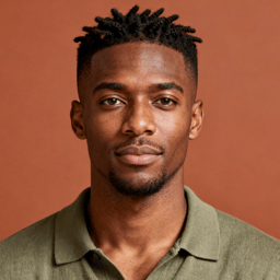 AI-generated portrait of a young man with short textured hair and subtle facial hair, wearing a casual collared shirt, posed with a composed expression against a warm terracotta background in soft light.