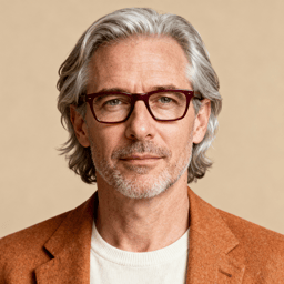 AI-generated portrait of a middle-aged man with medium-length gray hair, light stubble, and rectangular glasses, wearing a textured blazer and knit top, posed with a relaxed expression against a beige background in warm diffused light.