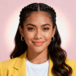 AI-generated portrait of a young woman with long wavy hair and braided sections, wearing a yellow blazer over a white top, posed with a confident smile against a soft pink background in clean studio lighting.